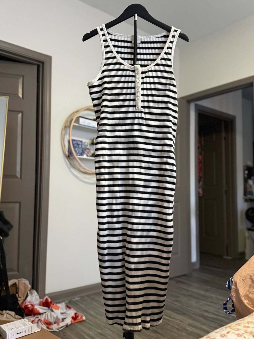 A New Day Button-Front Midi Dress Size L Black Cream Striped Ribbed Tank